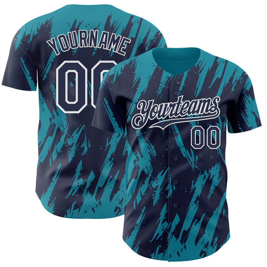 Custom Navy White-Teal Splatter Torn Sharp Brush Stroke Authentic Baseball Jersey - Main View