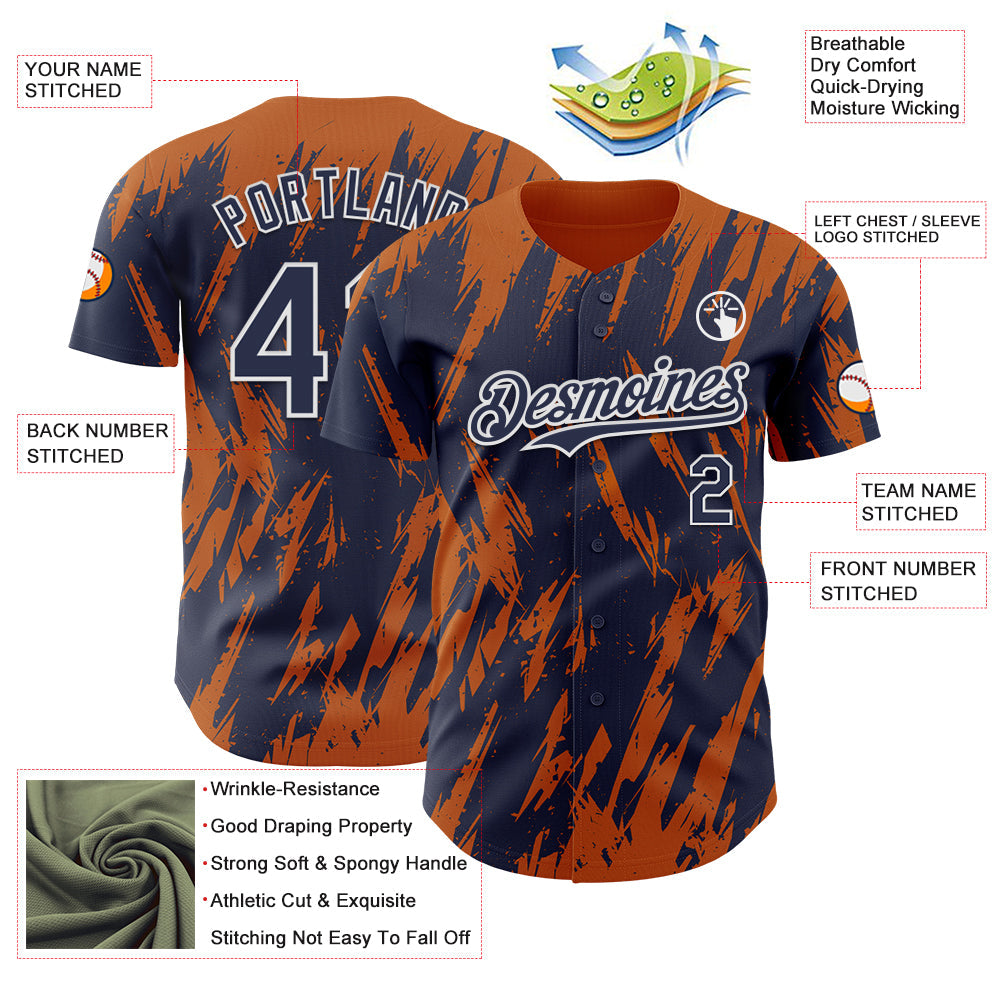 Custom Navy White-Bay Orange Splatter Torn Sharp Brush Stroke Authentic Baseball Jersey view 3
