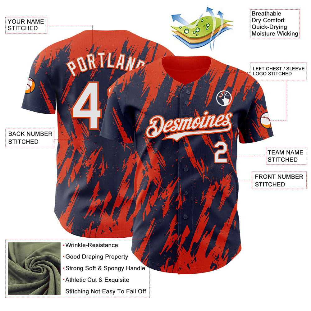 Custom Navy White-Orange Splatter Torn Sharp Brush Stroke Authentic Baseball Jersey view 3