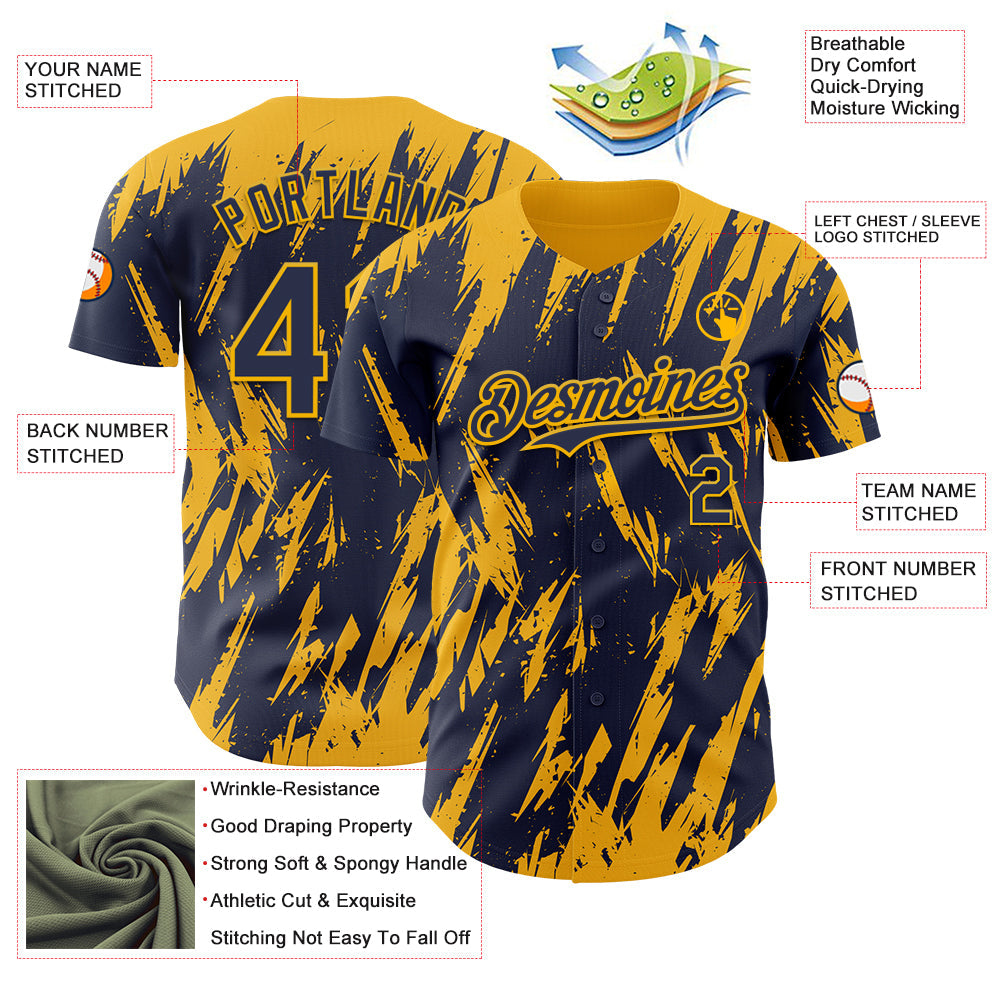 Custom Navy Gold Splatter Torn Sharp Brush Stroke Authentic Baseball Jersey view 3