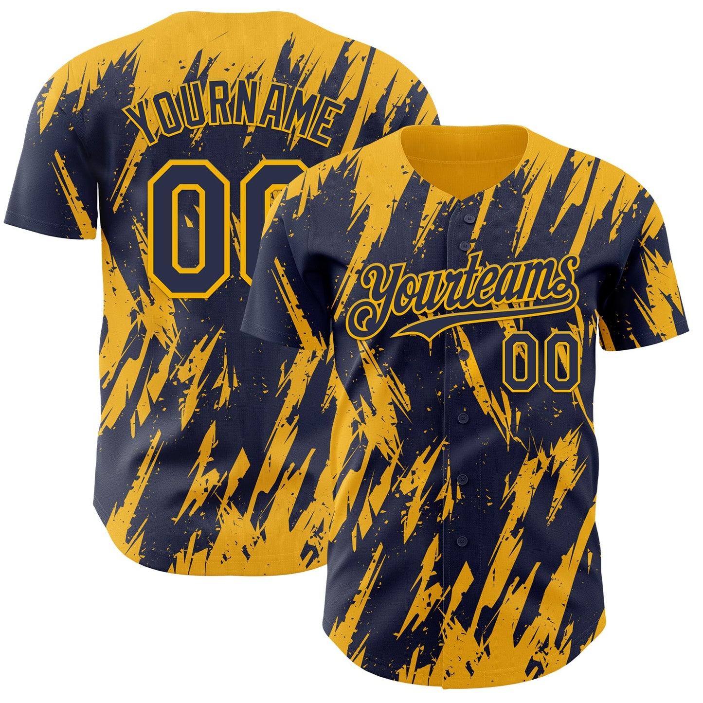 Custom Navy Gold Splatter Torn Sharp Brush Stroke Authentic Baseball Jersey - Main View