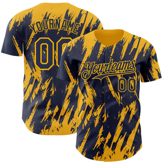 Custom Navy Gold Splatter Torn Sharp Brush Stroke Authentic Baseball Jersey - Main View