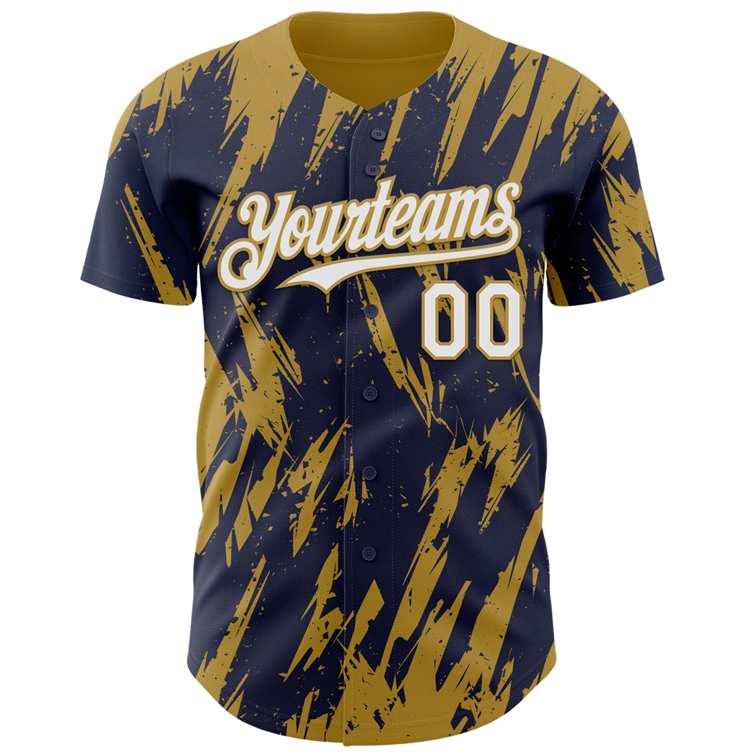 Custom Navy White-Old Gold Splatter Torn Sharp Brush Stroke Authentic Baseball Jersey view 2