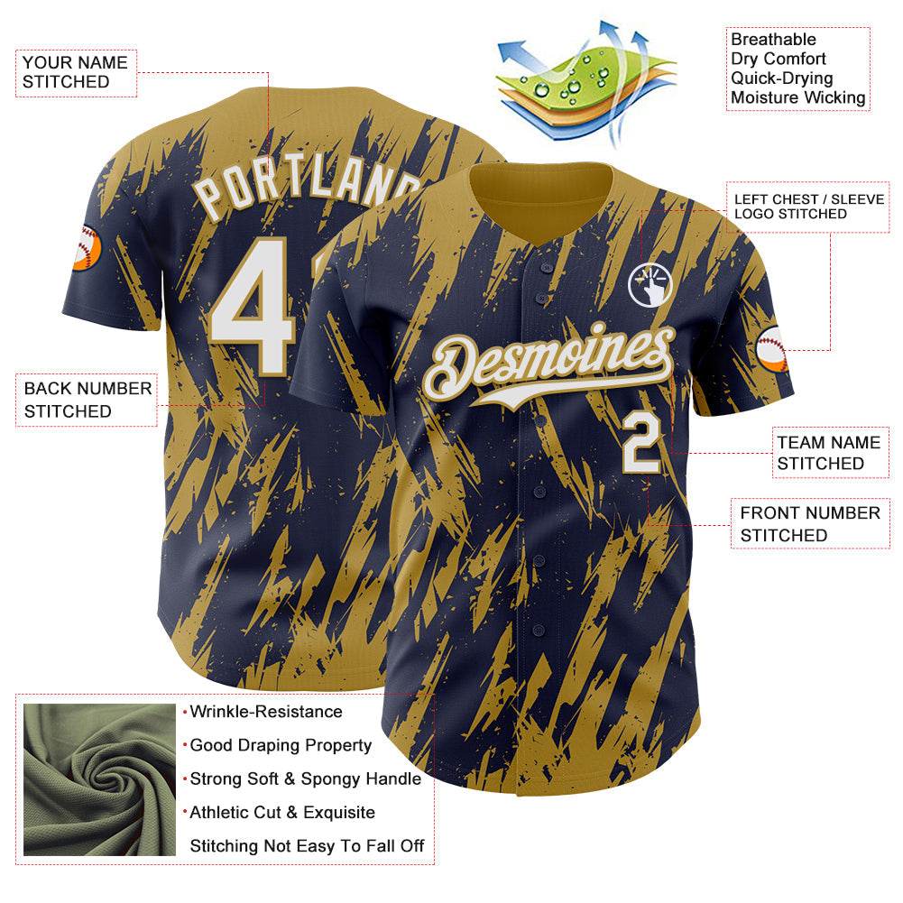 Custom Navy White-Old Gold Splatter Torn Sharp Brush Stroke Authentic Baseball Jersey view 3