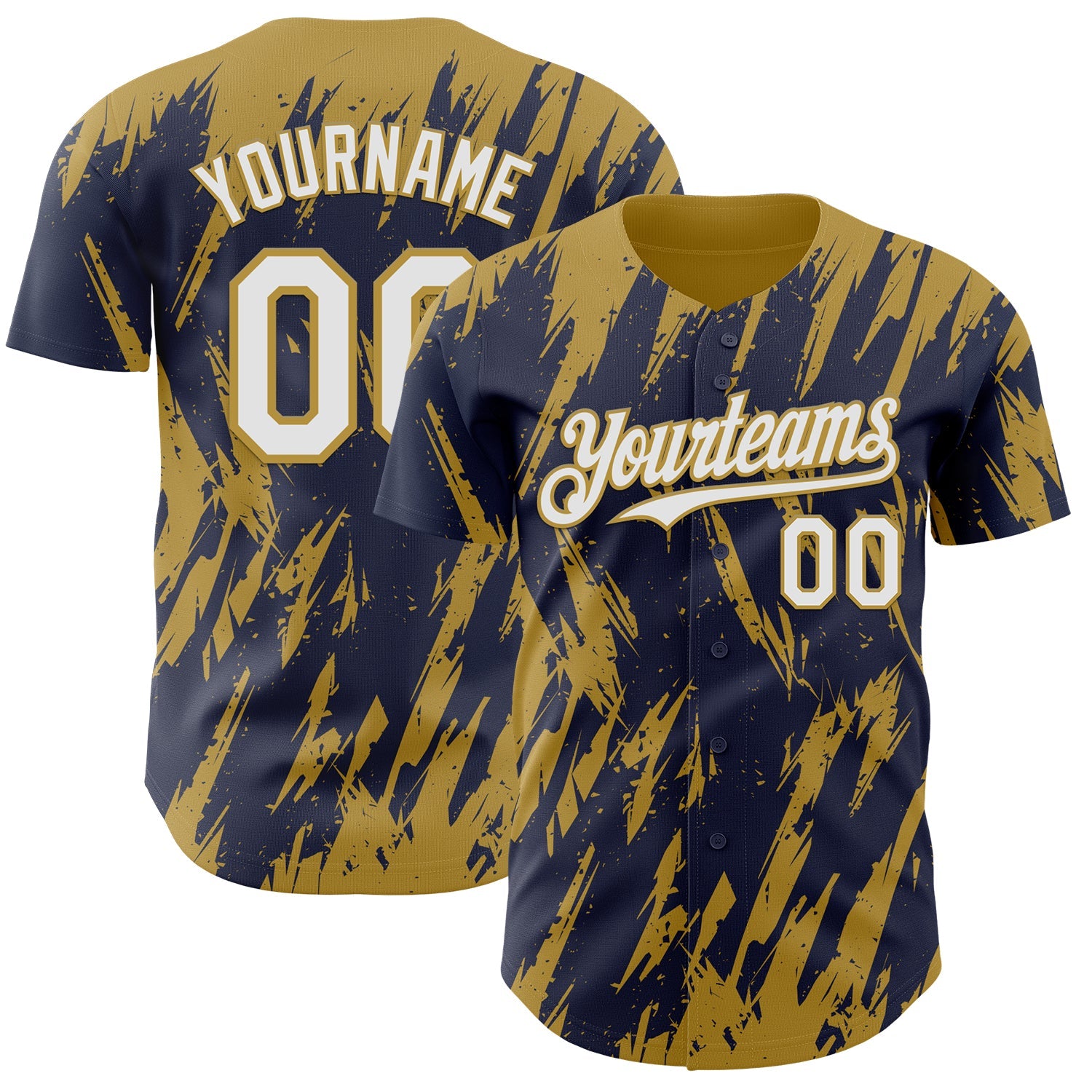 Custom Navy White-Old Gold Splatter Torn Sharp Brush Stroke Authentic Baseball Jersey - Main View