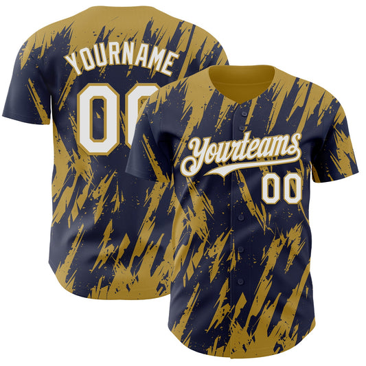 Custom Navy White-Old Gold Splatter Torn Sharp Brush Stroke Authentic Baseball Jersey - Main View