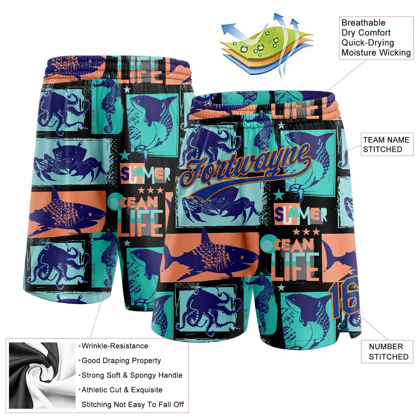 Custom Black Royal-Bay Orange 3D Pattern Summer Ocean Life Authentic Basketball Shorts view 2