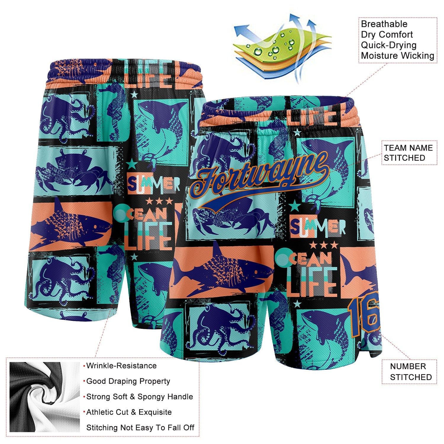 Custom Black Royal-Bay Orange 3D Pattern Summer Ocean Life Authentic Basketball Shorts view 2