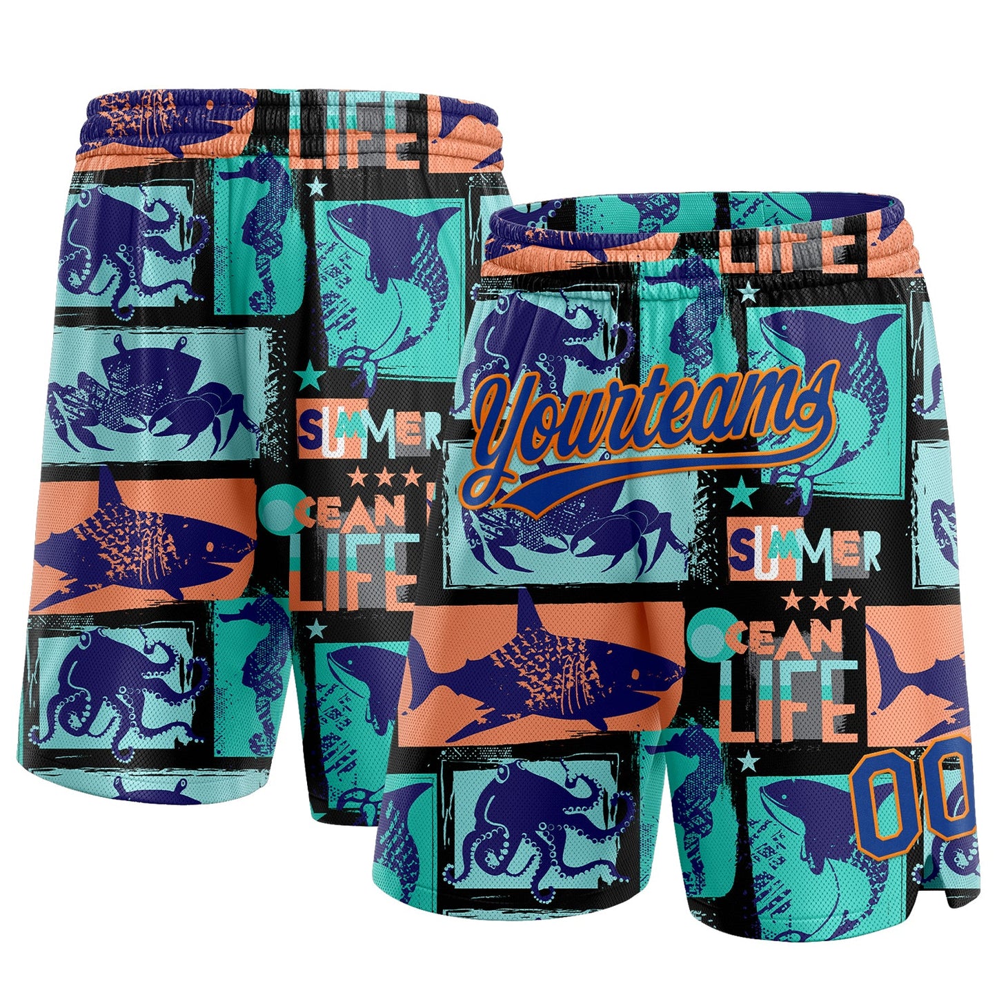 Custom Black Royal-Bay Orange 3D Pattern Summer Ocean Life Authentic Basketball Shorts - Main View
