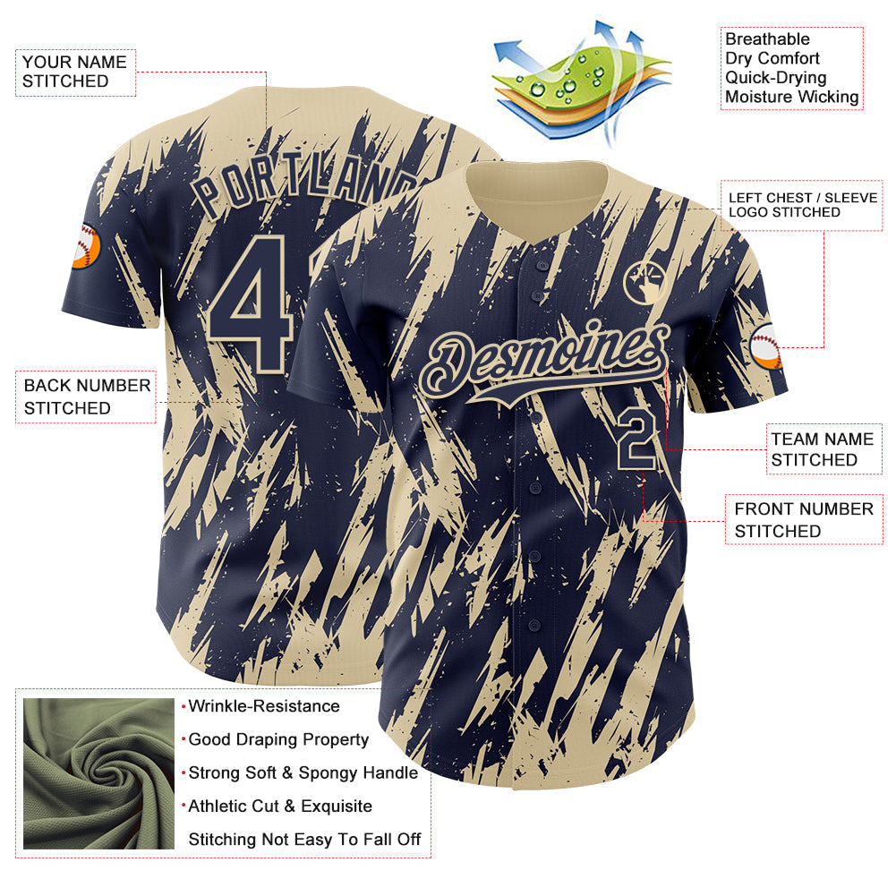 Custom Navy Cream Splatter Torn Sharp Brush Stroke Authentic Baseball Jersey view 3