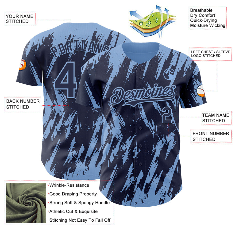 Custom Navy Light Blue Splatter Torn Sharp Brush Stroke Authentic Baseball Jersey view 3
