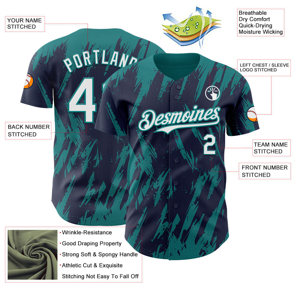 Custom Navy White-Teal Splatter Torn Sharp Brush Stroke Authentic Baseball Jersey view 3