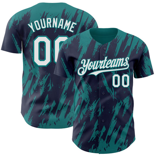 Custom Navy White-Teal Splatter Torn Sharp Brush Stroke Authentic Baseball Jersey - Main View