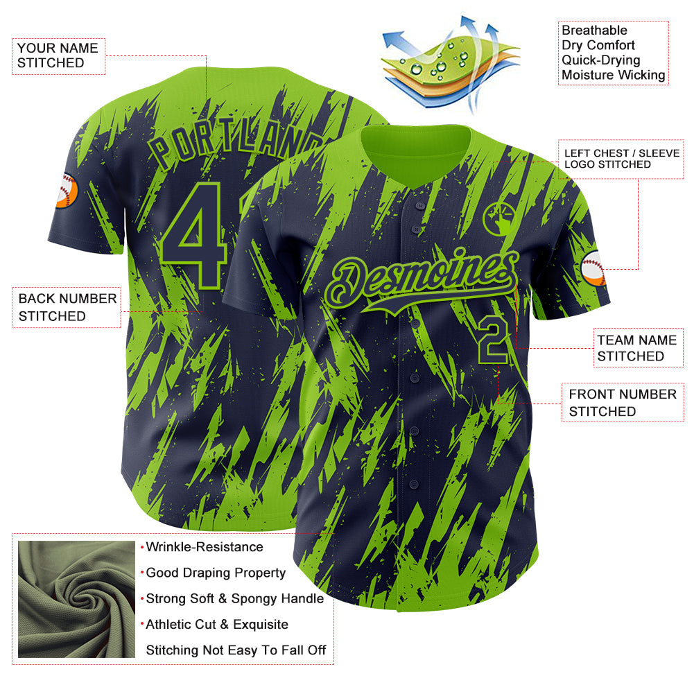 Custom Navy Neon Green Splatter Torn Sharp Brush Stroke Authentic Baseball Jersey view 3