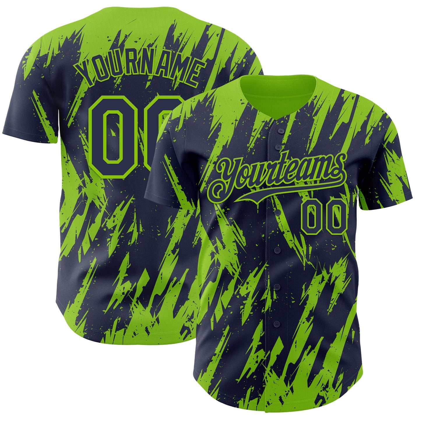 Custom Navy Neon Green Splatter Torn Sharp Brush Stroke Authentic Baseball Jersey - Main View