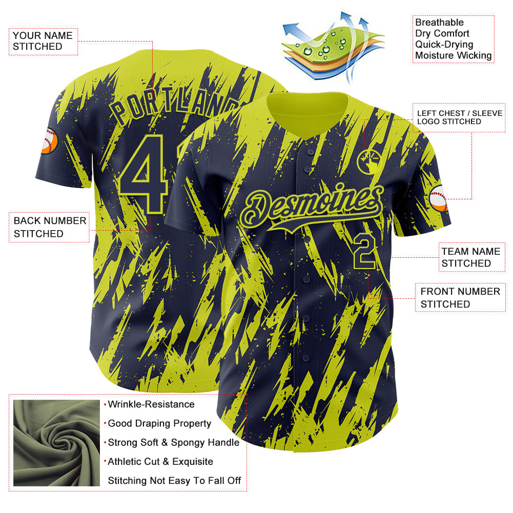 Custom Navy Neon Yellow Splatter Torn Sharp Brush Stroke Authentic Baseball Jersey view 3