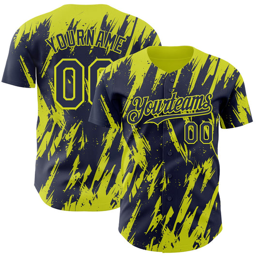 Custom Navy Neon Yellow Splatter Torn Sharp Brush Stroke Authentic Baseball Jersey - Main View