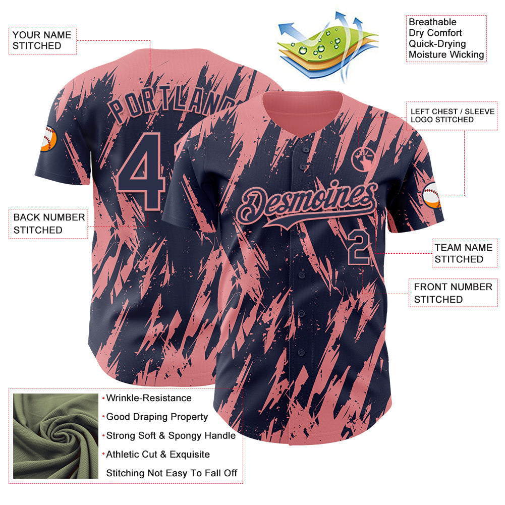 Custom Navy Medium Pink Splatter Torn Sharp Brush Stroke Authentic Baseball Jersey view 3
