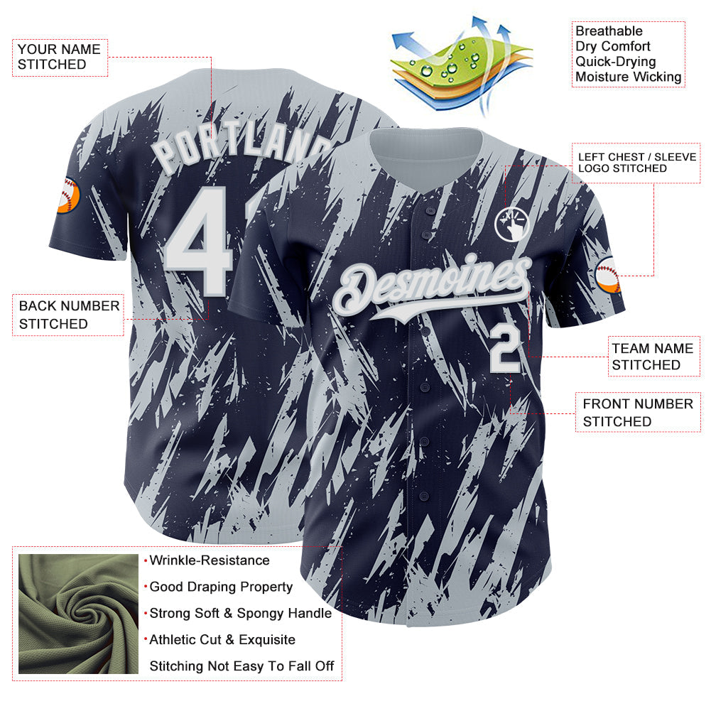 Custom Navy White-Silver Splatter Torn Sharp Brush Stroke Authentic Baseball Jersey view 3