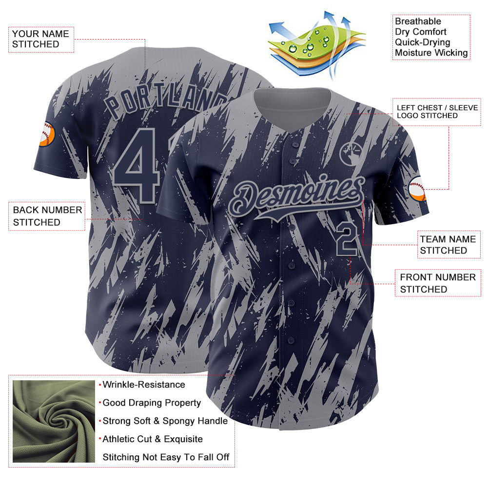 Custom Navy Gray Splatter Torn Sharp Brush Stroke Authentic Baseball Jersey view 3