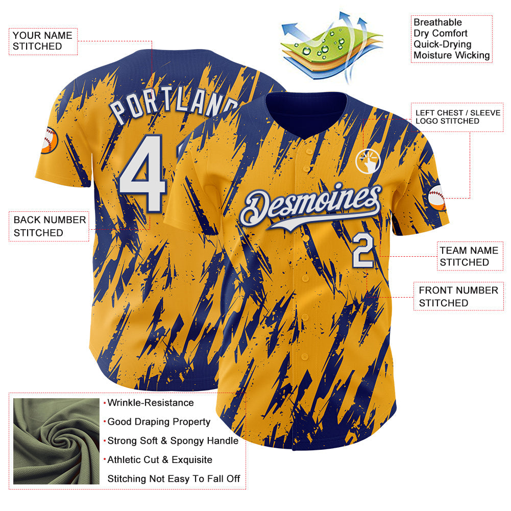 Custom Gold White-Royal Splatter Torn Sharp Brush Stroke Authentic Baseball Jersey view 3