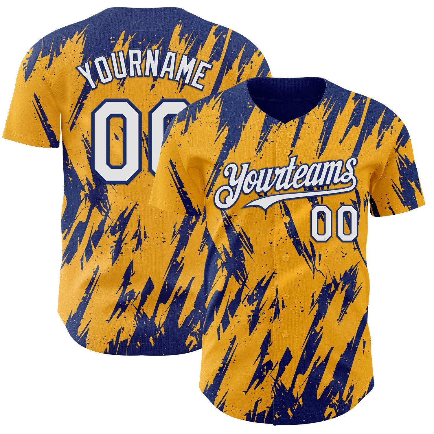 Custom Gold White-Royal Splatter Torn Sharp Brush Stroke Authentic Baseball Jersey - Main View