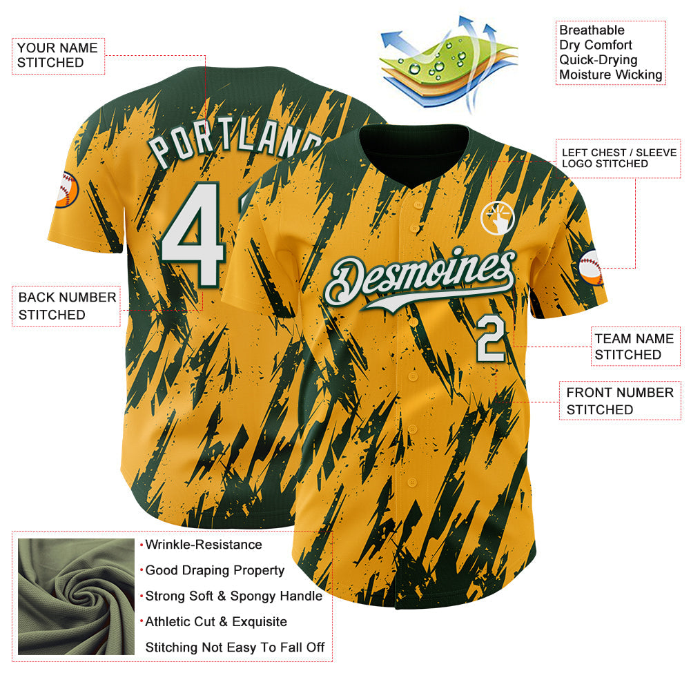 Custom Gold White-Green Splatter Torn Sharp Brush Stroke Authentic Baseball Jersey view 3