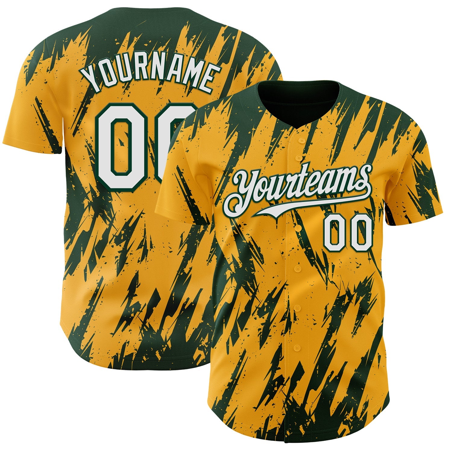 Custom Gold White-Green Splatter Torn Sharp Brush Stroke Authentic Baseball Jersey - Main View