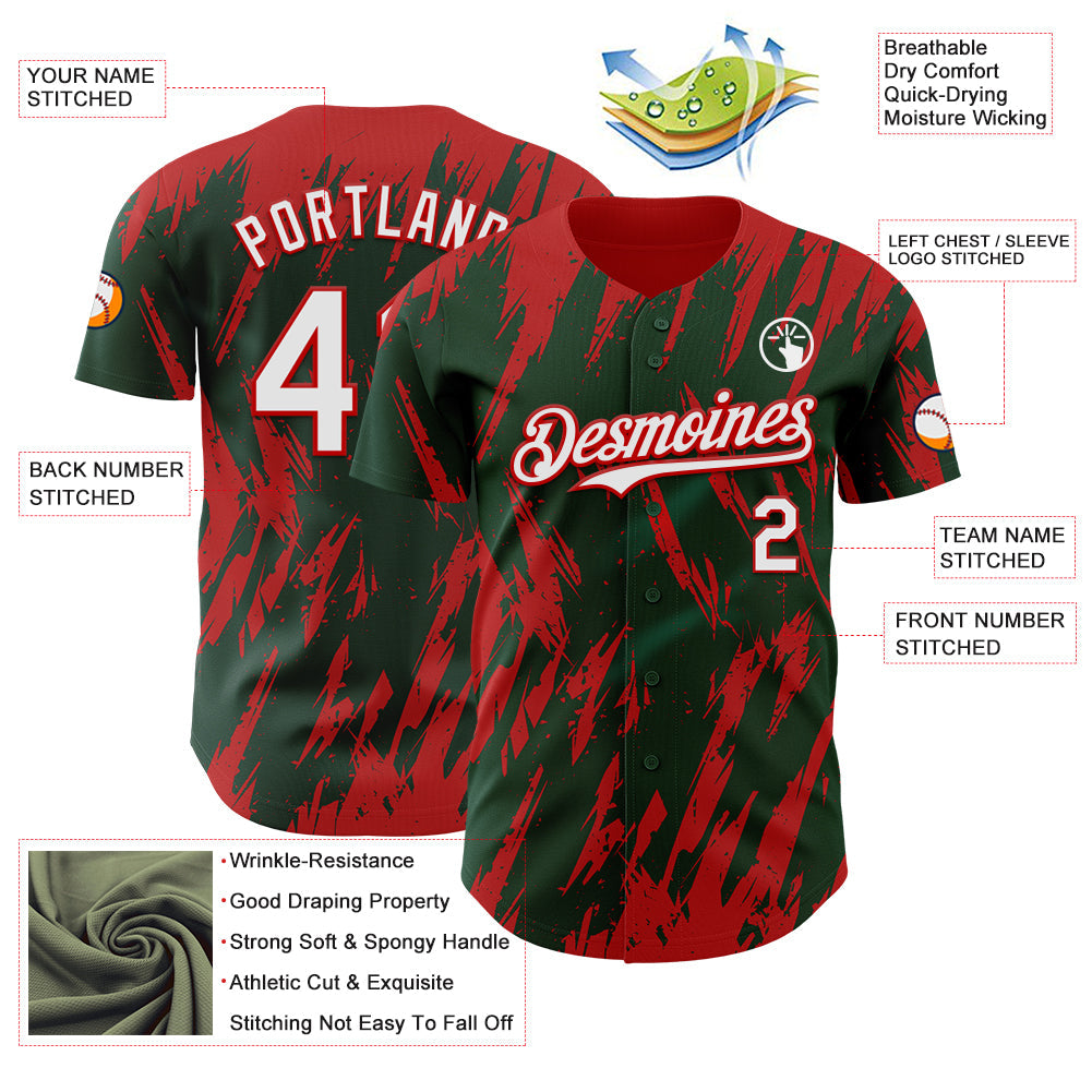 Custom Green White-Red Splatter Torn Sharp Brush Stroke Authentic Baseball Jersey view 3