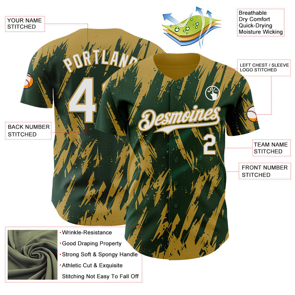 Custom Green White-Old Gold Splatter Torn Sharp Brush Stroke Authentic Baseball Jersey view 3