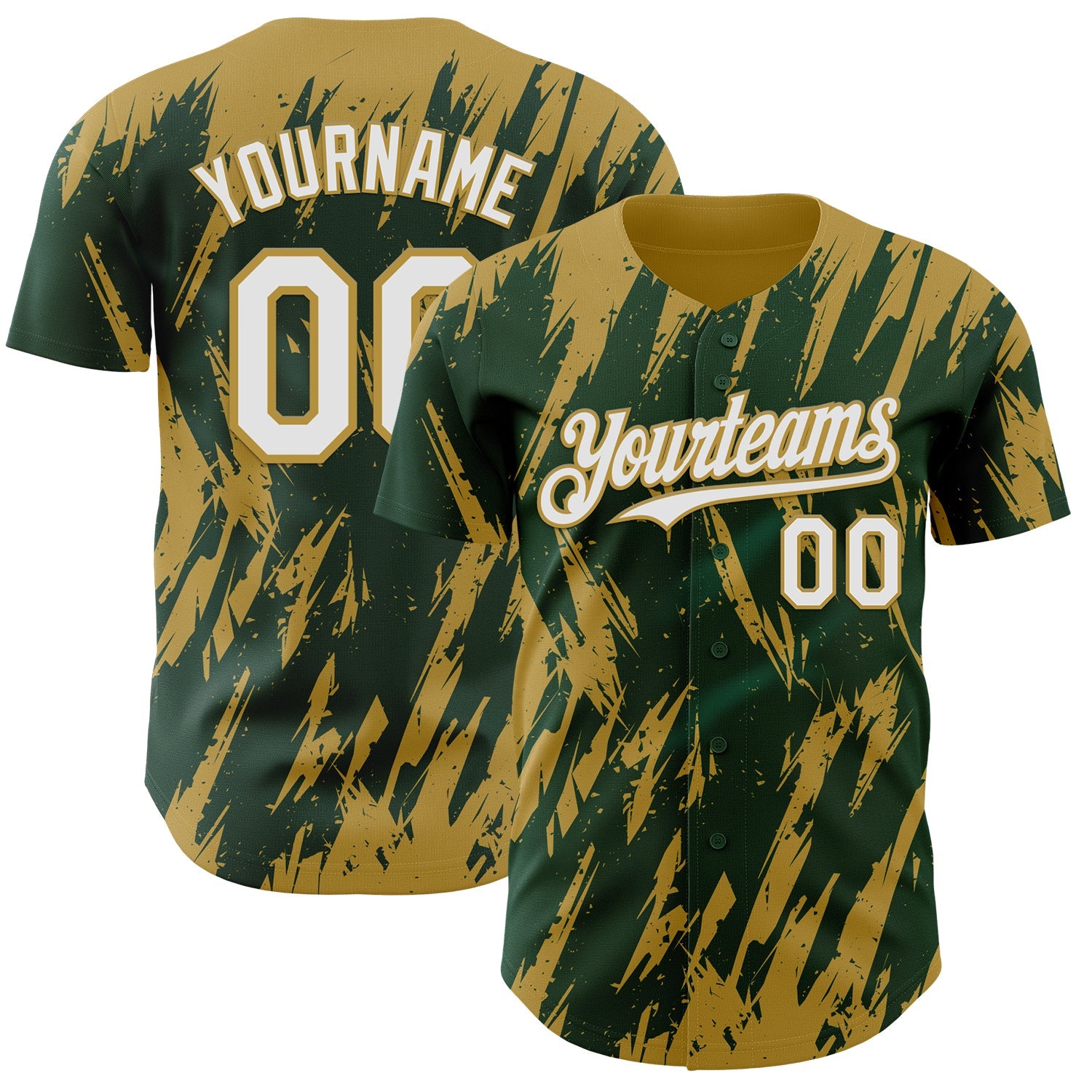 Custom Green White-Old Gold Splatter Torn Sharp Brush Stroke Authentic Baseball Jersey - Main View
