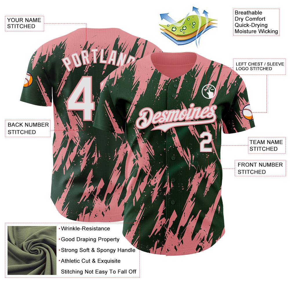 Custom Green White-Medium Pink Splatter Torn Sharp Brush Stroke Authentic Baseball Jersey view 3