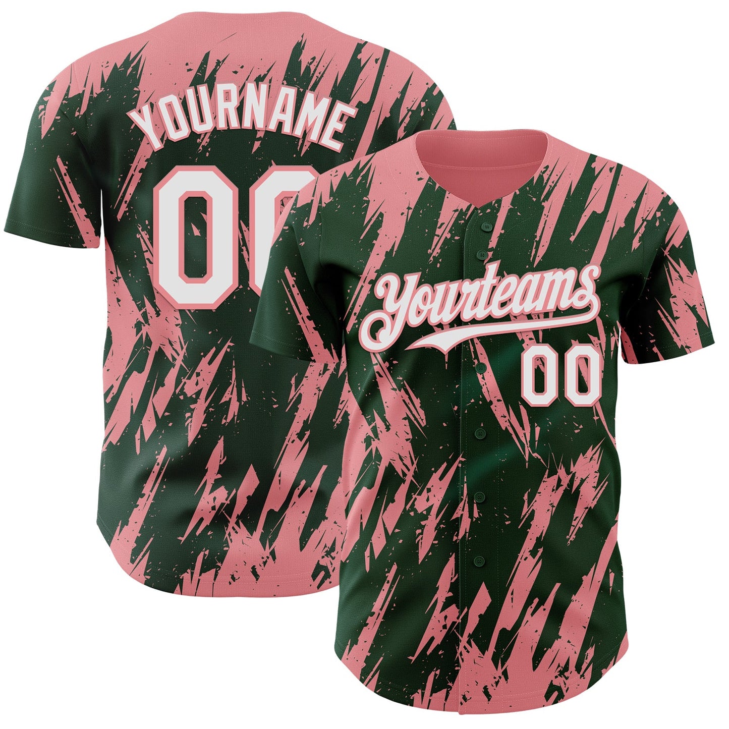 Custom Green White-Medium Pink Splatter Torn Sharp Brush Stroke Authentic Baseball Jersey - Main View