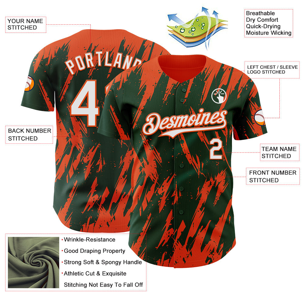 Custom Green White-Orange Splatter Torn Sharp Brush Stroke Authentic Baseball Jersey view 3