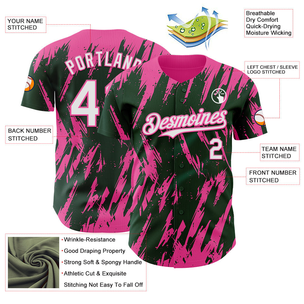 Custom Green White-Pink Splatter Torn Sharp Brush Stroke Authentic Baseball Jersey view 3