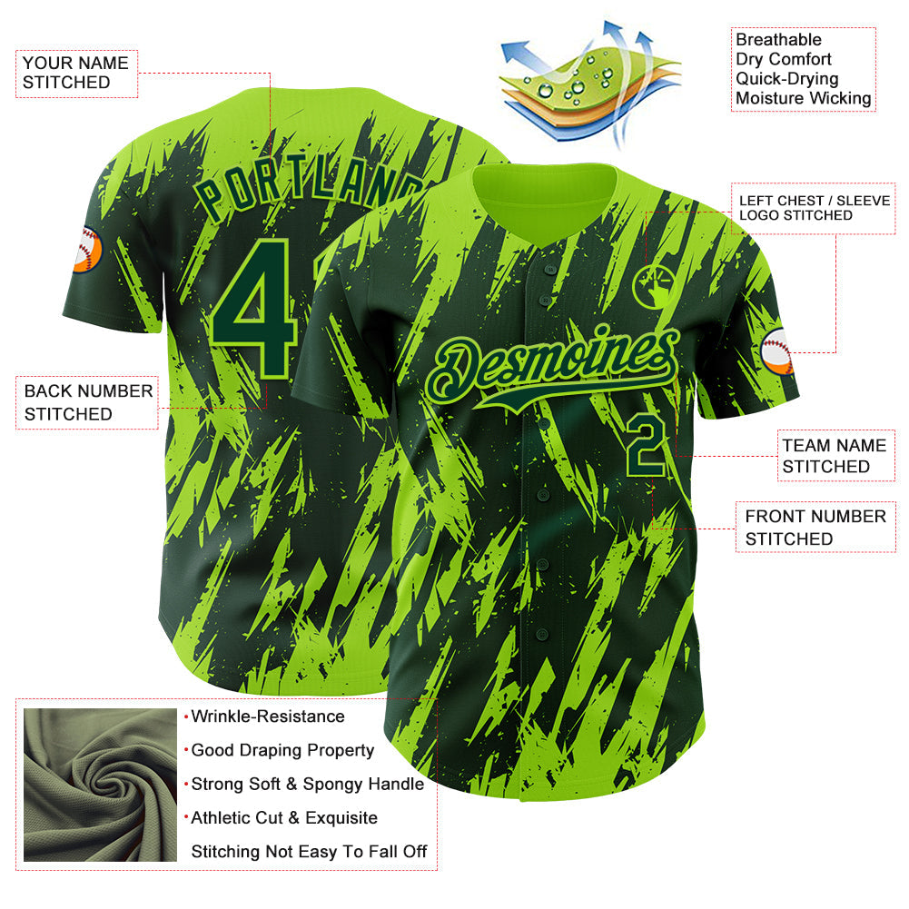 Custom Green Neon Green Splatter Torn Sharp Brush Stroke Authentic Baseball Jersey view 3