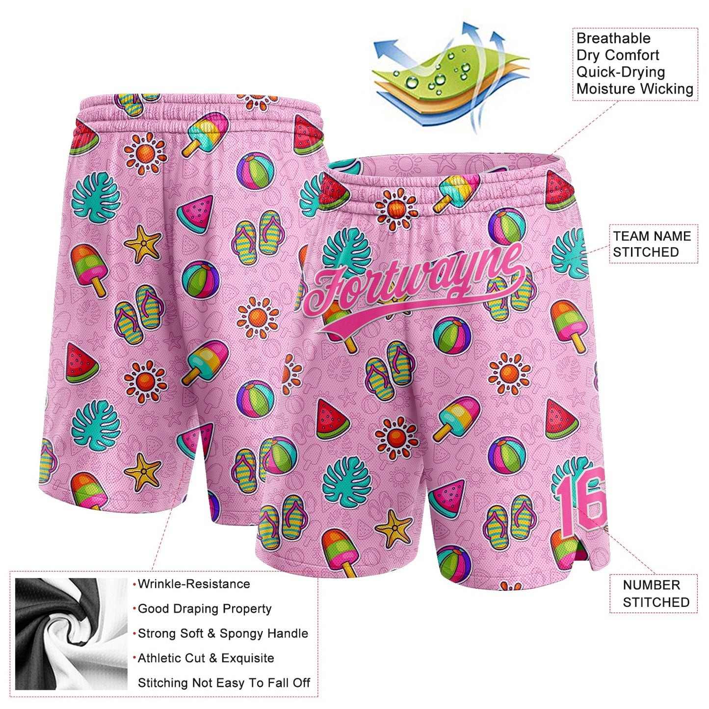 Custom Pink White 3D Pattern Summer Ice Cream And Watermelon Authentic Basketball Shorts view 2