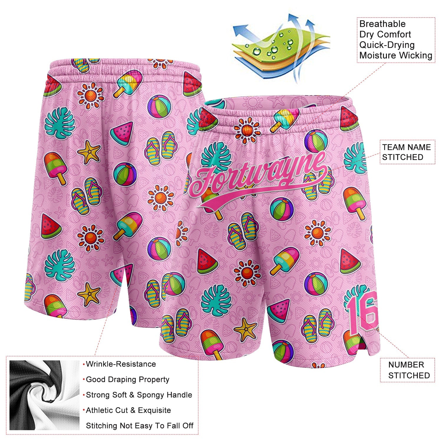Custom Pink White 3D Pattern Summer Ice Cream And Watermelon Authentic Basketball Shorts view 2