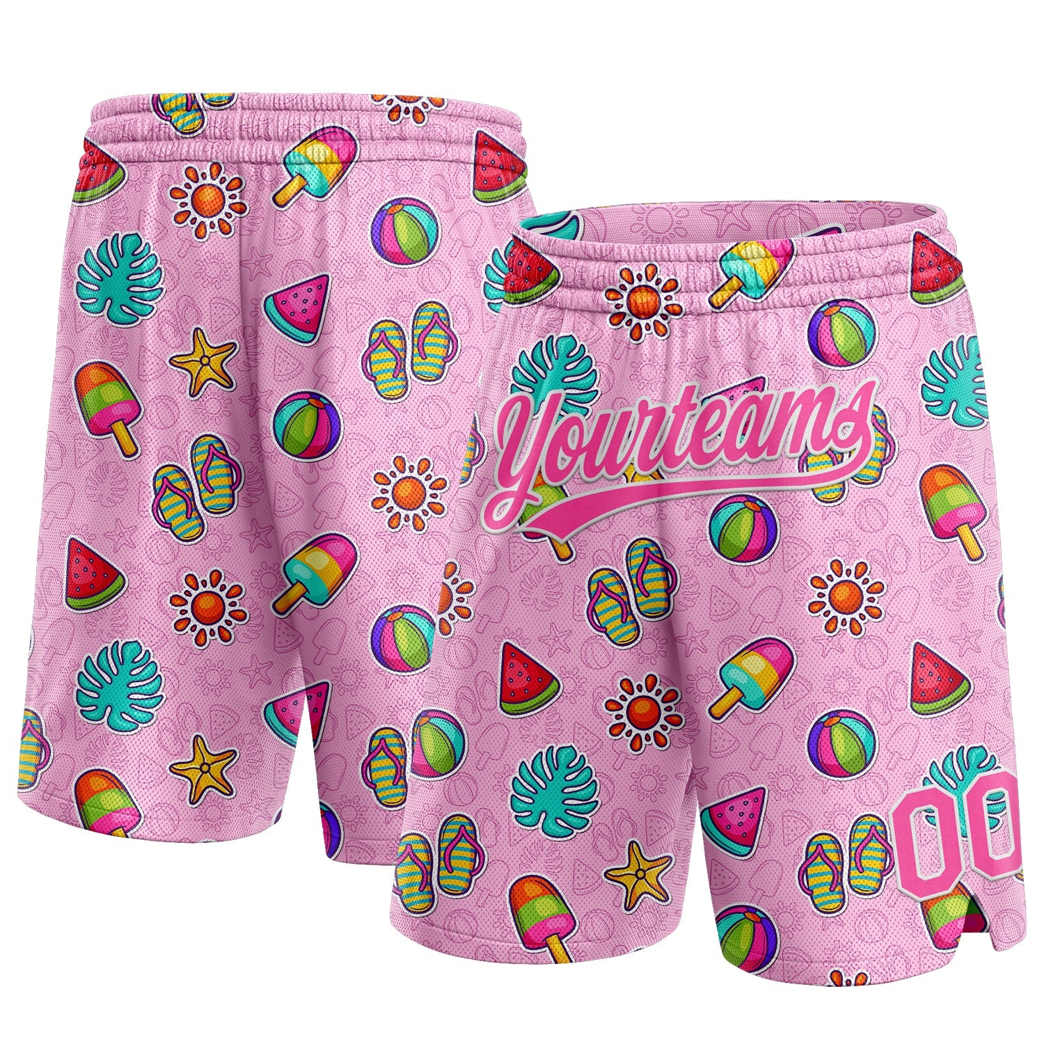 Custom Pink White 3D Pattern Summer Ice Cream And Watermelon Authentic Basketball Shorts - Main View