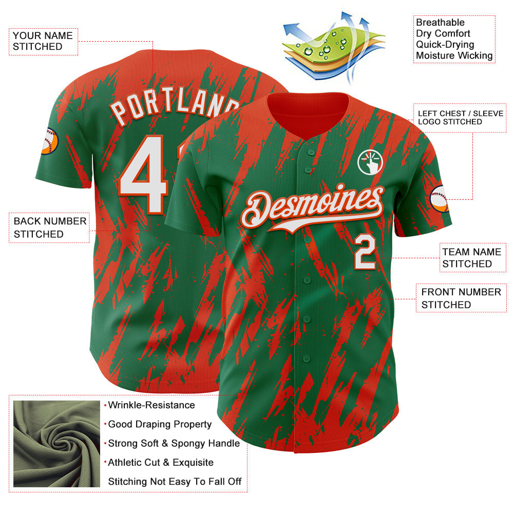 Custom Kelly Green White-Orange Splatter Torn Sharp Brush Stroke Authentic Baseball Jersey view 3