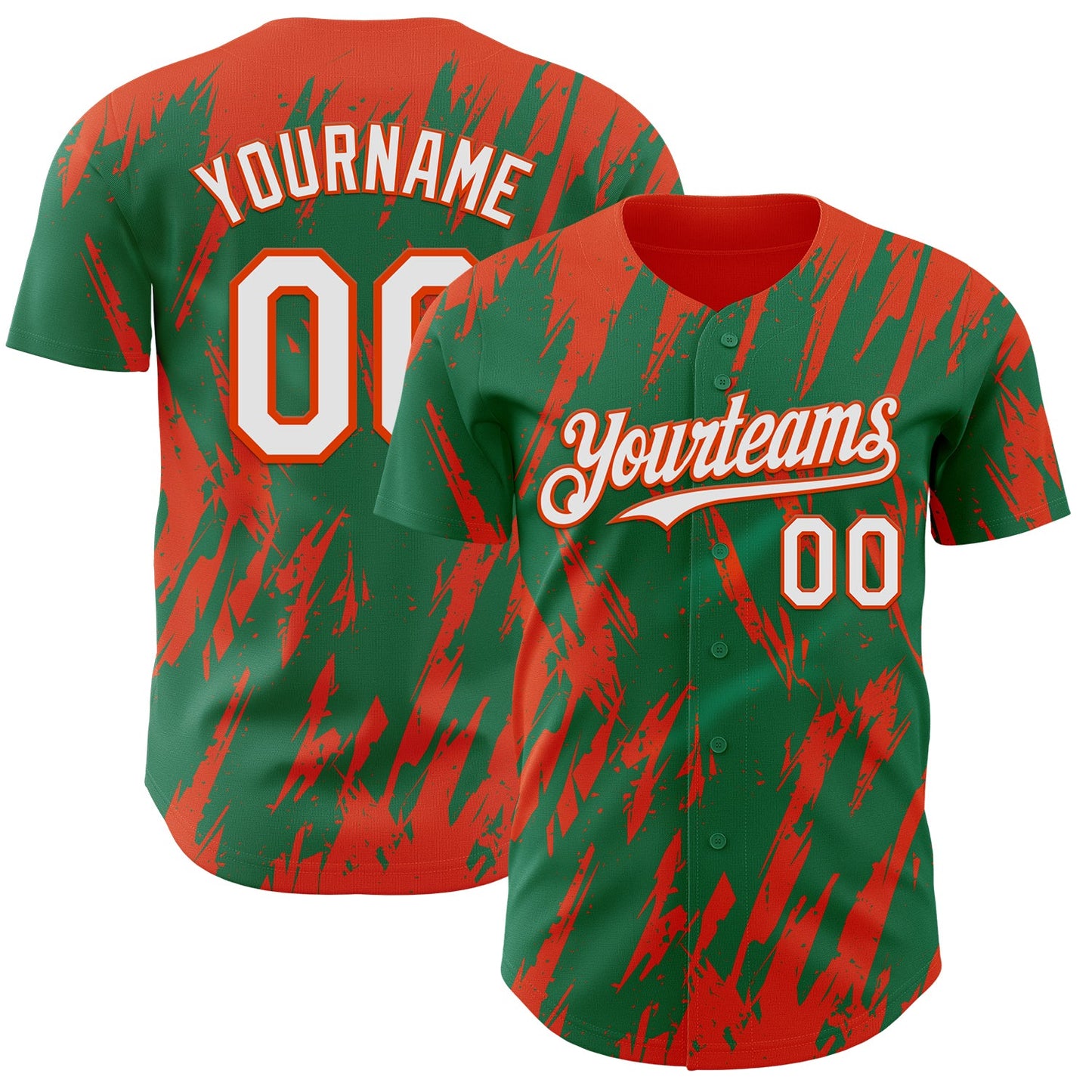 Custom Kelly Green White-Orange Splatter Torn Sharp Brush Stroke Authentic Baseball Jersey - Main View