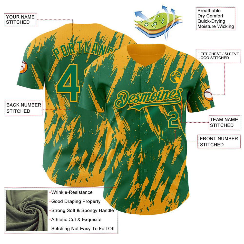 Custom Kelly Green Gold Splatter Torn Sharp Brush Stroke Authentic Baseball Jersey view 3