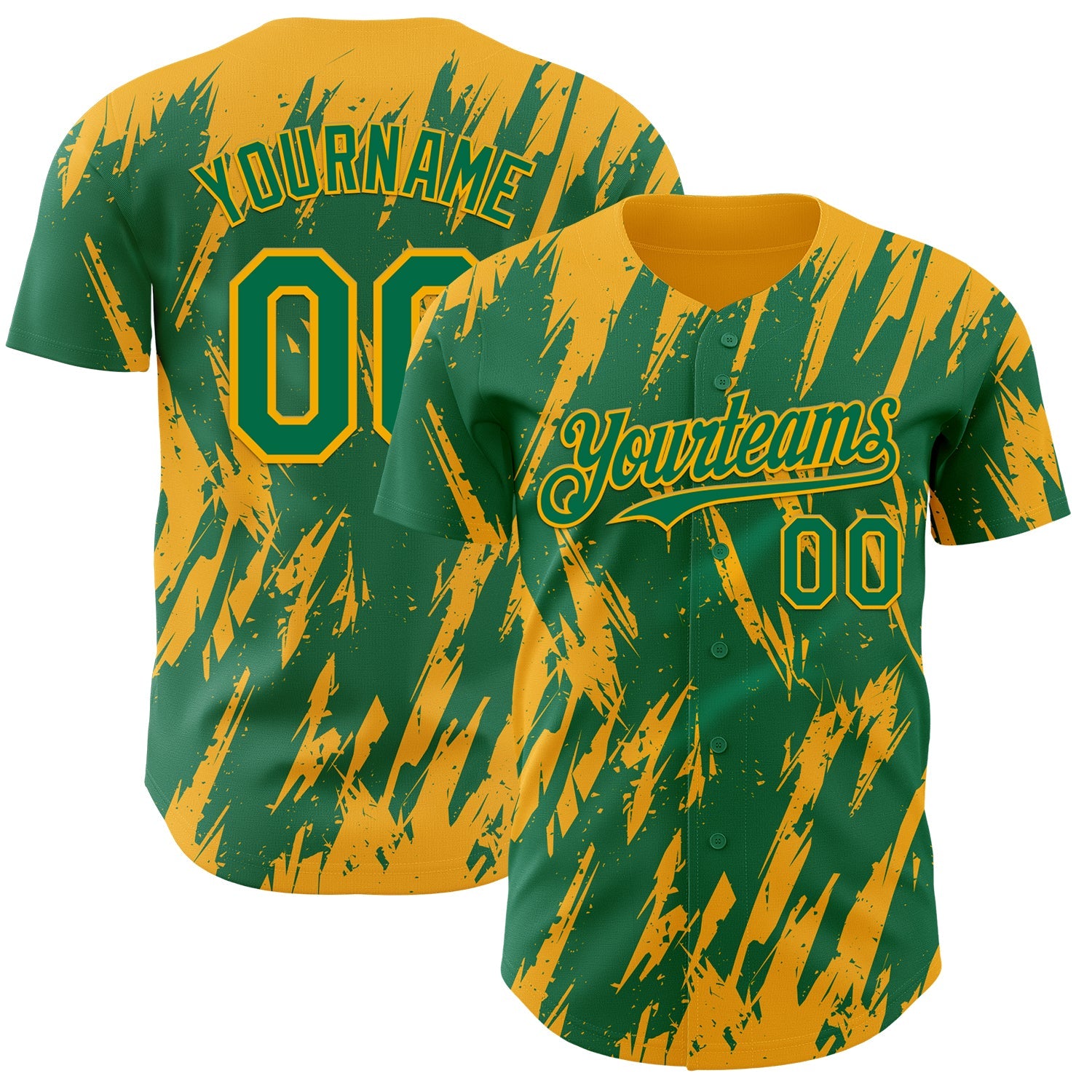 Custom Kelly Green Gold Splatter Torn Sharp Brush Stroke Authentic Baseball Jersey - Main View