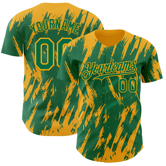 Custom Kelly Green Gold Splatter Torn Sharp Brush Stroke Authentic Baseball Jersey - Main View