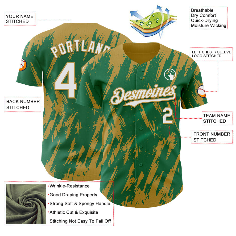 Custom Kelly Green White-Old Gold Splatter Torn Sharp Brush Stroke Authentic Baseball Jersey view 3
