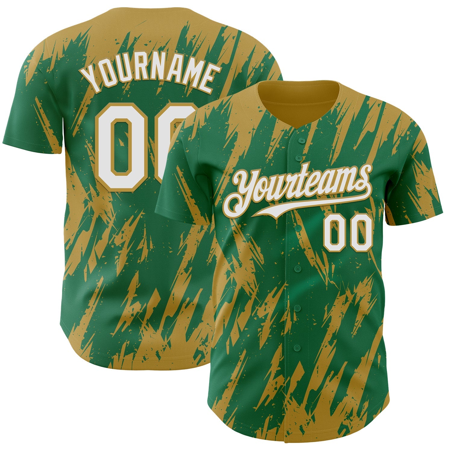 Custom Kelly Green White-Old Gold Splatter Torn Sharp Brush Stroke Authentic Baseball Jersey - Main View