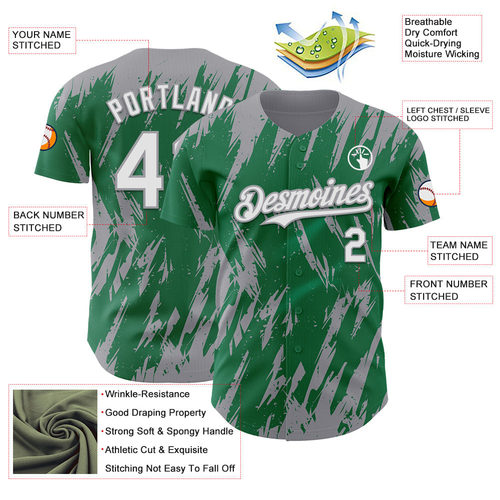 Custom Kelly Green White-Gray Splatter Torn Sharp Brush Stroke Authentic Baseball Jersey view 3