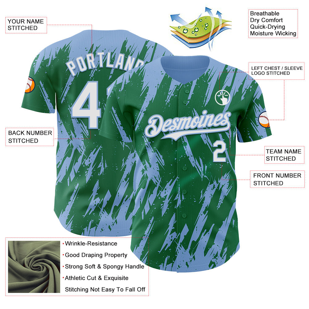 Custom Kelly Green White-Light Blue Splatter Torn Sharp Brush Stroke Authentic Baseball Jersey view 3