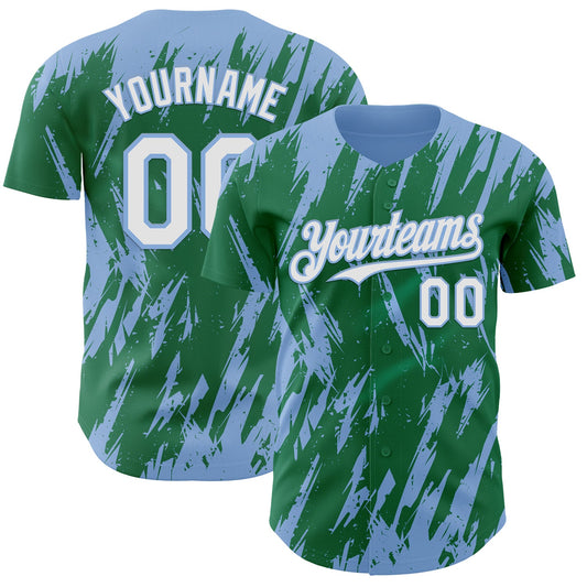 Custom Kelly Green White-Light Blue Splatter Torn Sharp Brush Stroke Authentic Baseball Jersey - Main View