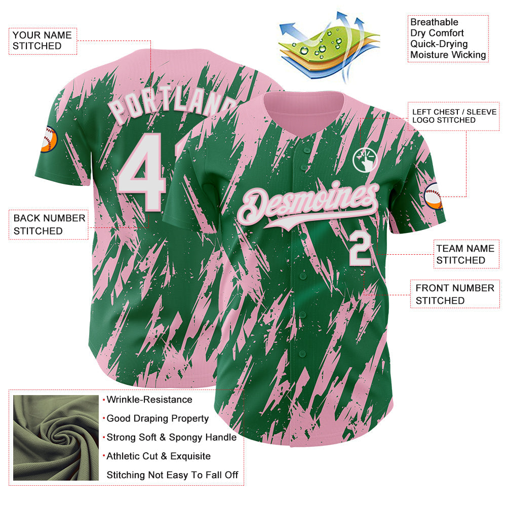 Custom Kelly Green White-Light Pink Splatter Torn Sharp Brush Stroke Authentic Baseball Jersey view 3